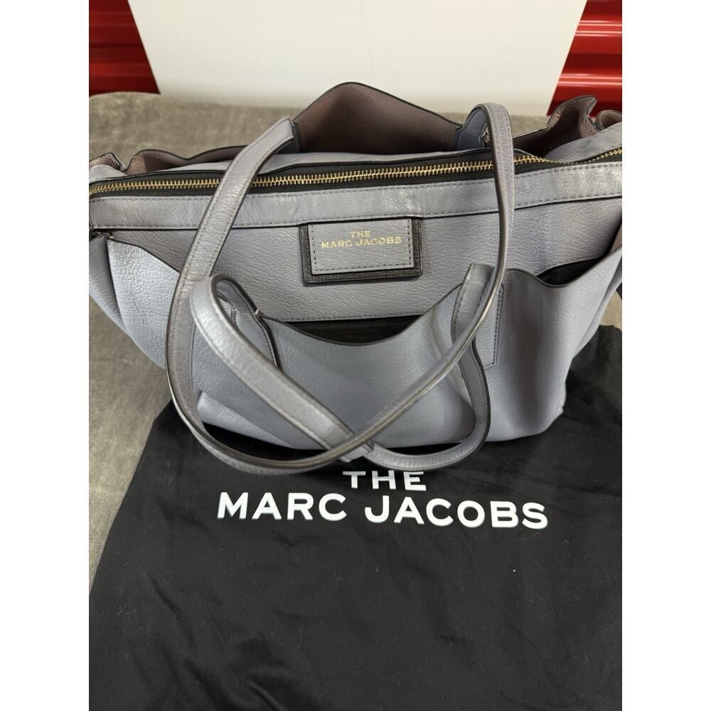Marc Jacobs Leather Tote Bag Blue Gray Gold Hardware Zip Compartment Dust Bag - Picture 2 of 14